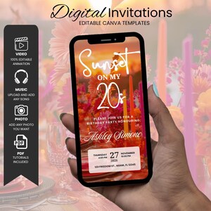 Könnte beinhalten: Ein Smartphone zeigt eine digitale Geburtstagseinladungsvorlage mit dem Text Sunset on my 20s, Ashley Simone und Veranstaltungsdetails für den 27. November 2026. Das Design zeigt einen blumigen Hintergrund in warmen Sonnenuntergangsfarben.