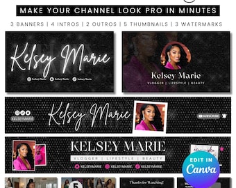 May include: A YouTube branding kit with the text "YouTube Branding Kit" and "Make Your Channel Look Pro in Minutes." Includes banners, intros, outros, thumbnails, and watermarks. Features the name "Kelsey Marie" and social media icons.