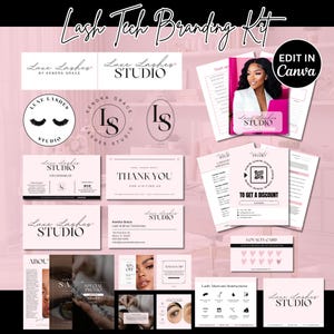 May include: A branding kit for a lash technician, featuring logos, business cards, and promotional materials. The kit includes various designs with the text "Luxe Lashes Studio" and "Kendra Grace". The color scheme is primarily pink and white.