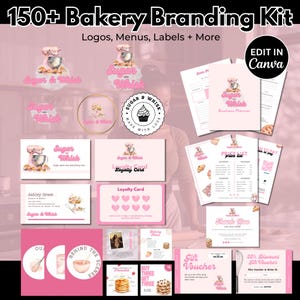 Könnte beinhalten: Ein rosa-weißes Bäckerei-Branding-Kit mit dem Text "150+ Bakery Branding Kit" und "Logos, Menus, Labels + More". Das Kit enthält Logos, Visitenkarten, Menüs, Geschenkgutscheine und einen Businessplaner. Der Markenname ist "Sugar & Whisk".