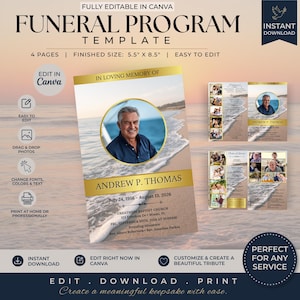 May include: A funeral program template featuring a beach background with a circular photo frame, gold accents, and text including "In Loving Memory Of," "Andrew P. Thomas," and dates. The finished size is 5.5 inches by 8.5 inches, fully editable.