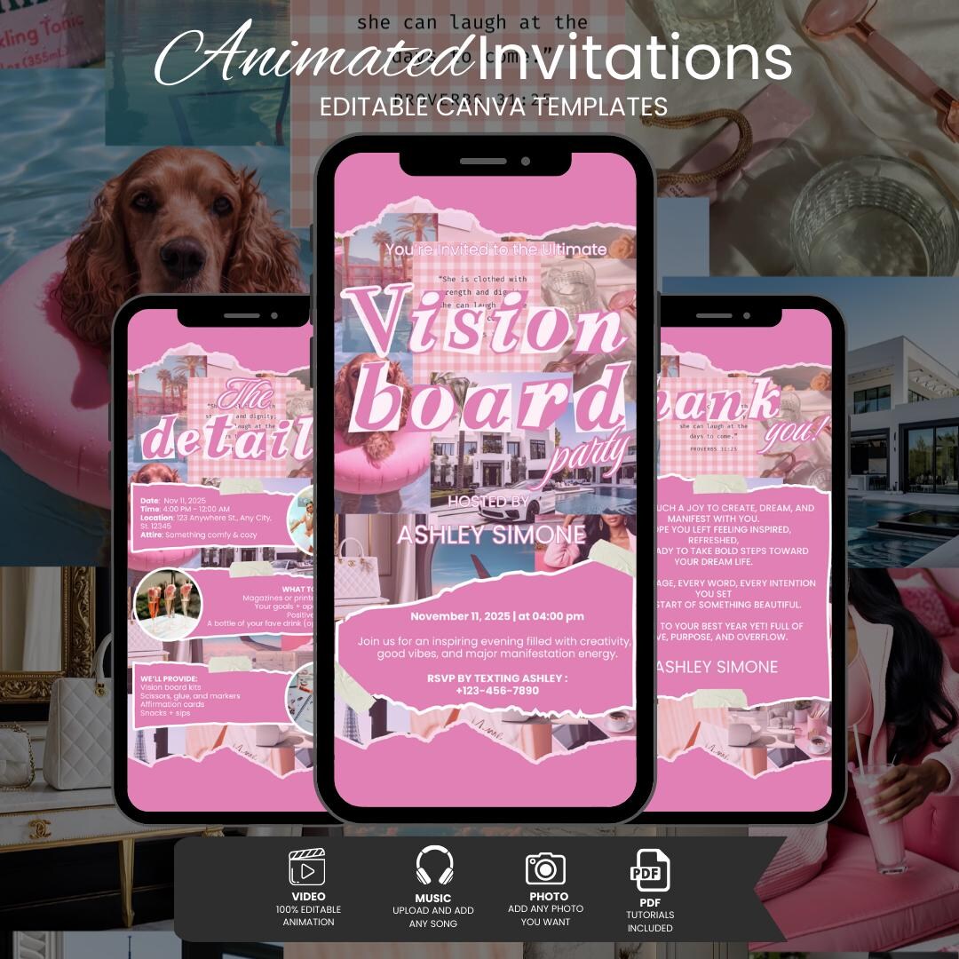 Animated Vision Board Party Invitation Bundle Editable Canva