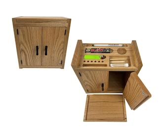 Handmade Oak Wood Stash Box Cabinet, Organizer with Rolling Tray, Discreet Storage Home Decor