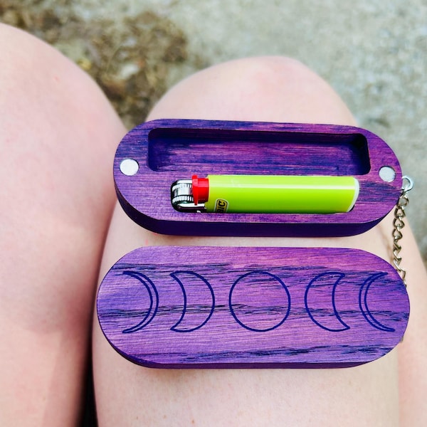 Estuche de madera para llaveros con grabado de fases lunares / Organizador de viaje de bolsillo / Regalo hecho a mano