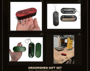Groomsmen Gift Set 4 Handmade Wood Keychain Cases | Custom Engraved Logo | Personalized Wedding Gift for Him