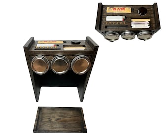 Handmade Oak Stash Box With Rolling Tray Lid, Mason Jars Storage Organizer