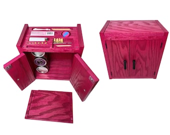 Pink Oak Wood Stash Box Kit Cabinet: LED Light, Rolling Tray & Magnifying Jars Pink Stash Box
