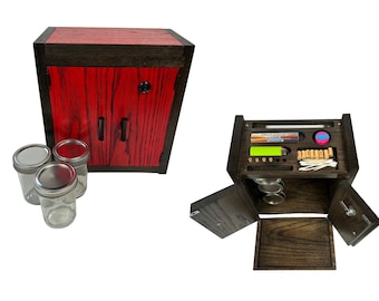 Red & Black Stash Box Cabinet – Lockable Wood Stash Box With Rolling Tray, Mason Jars and Hidden Storage