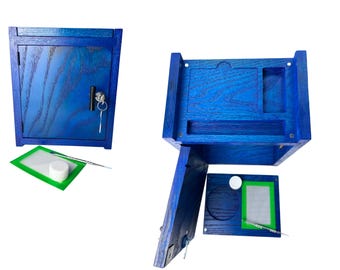 Blue Wooden Stash Box – Locking Oak Storage Cabinet Organizer