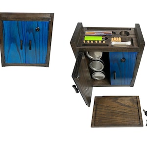 Blue Black Oak Wood Stash Box Cabinet – Hidden Storage, Rolling Tray, Jars