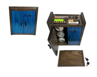 Blue Black Oak Wood Stash Box Cabinet – Hidden Storage, Rolling Tray, Jars