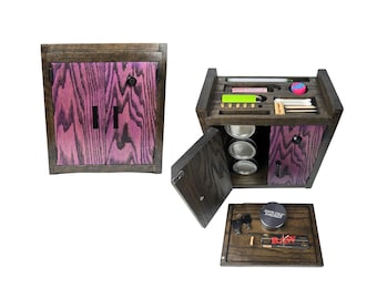 Purple Stash Box Storage Organizer Cabinet With Hidden Storage - Magnifying Stash Jars, Rolling Tray, LED Light