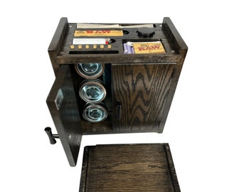 Black Stash Box Storage Organizer Cabinet With Hidden Storage - Magnifying Stash Jars, Rolling Tray, LED Light