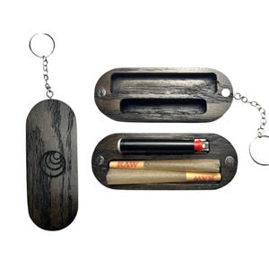 Black Wooden Travel Pre Roll Case - Lightweight Stash Keychain Hanger - Mini Lighter Holder Keychain Kit
