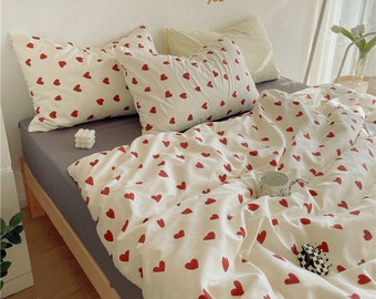 Red Heart Edredón Cover Set, Juegos De Cama De Algodón, Set Estético De Cama, College Dorm Duvet Cover, Edredón Cover, Queen King Duvet Cover