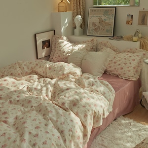 Pink Floral Ruffled Duvet Cover Set, Cotton Bedding Sets, Aesthetic Bedding Set, Girlish Duvet Cover, Duvet Cover Set, Princess Duvet Cover