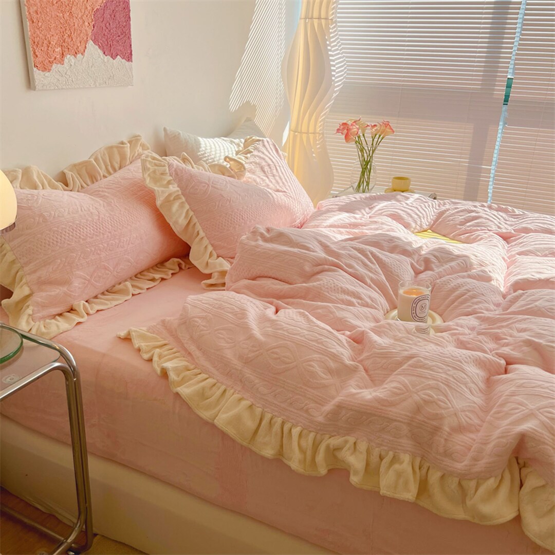Pink Soft Velvet Duvet Cover Set Ruffled Cotton Bedding Sets Etsy
