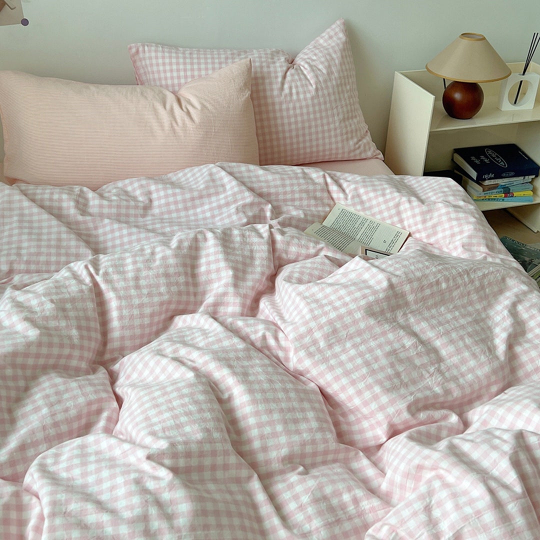 Pink 100 Cotton Duvet Cover Set, Korean Princess Comfoter Set, Coquette Duvet Cover, Aesthetic