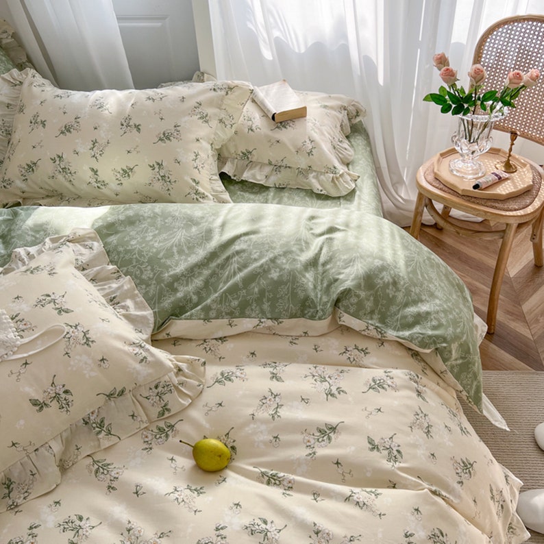 Green Floral Duvet Cover, Cotton Bedding Sets, College Dorm Duvet Cover