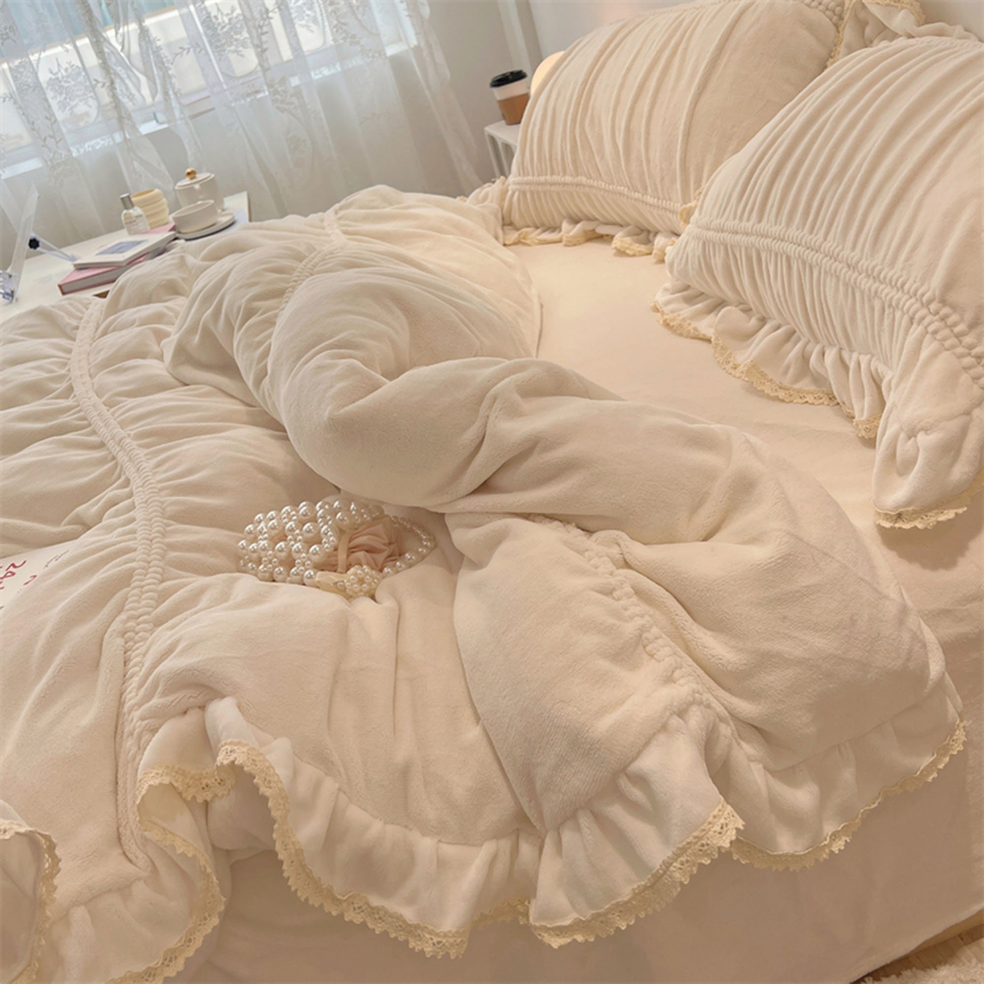 Beige Soft Velvet Duvet Cover Set Ruffled Cotton Bedding Etsy