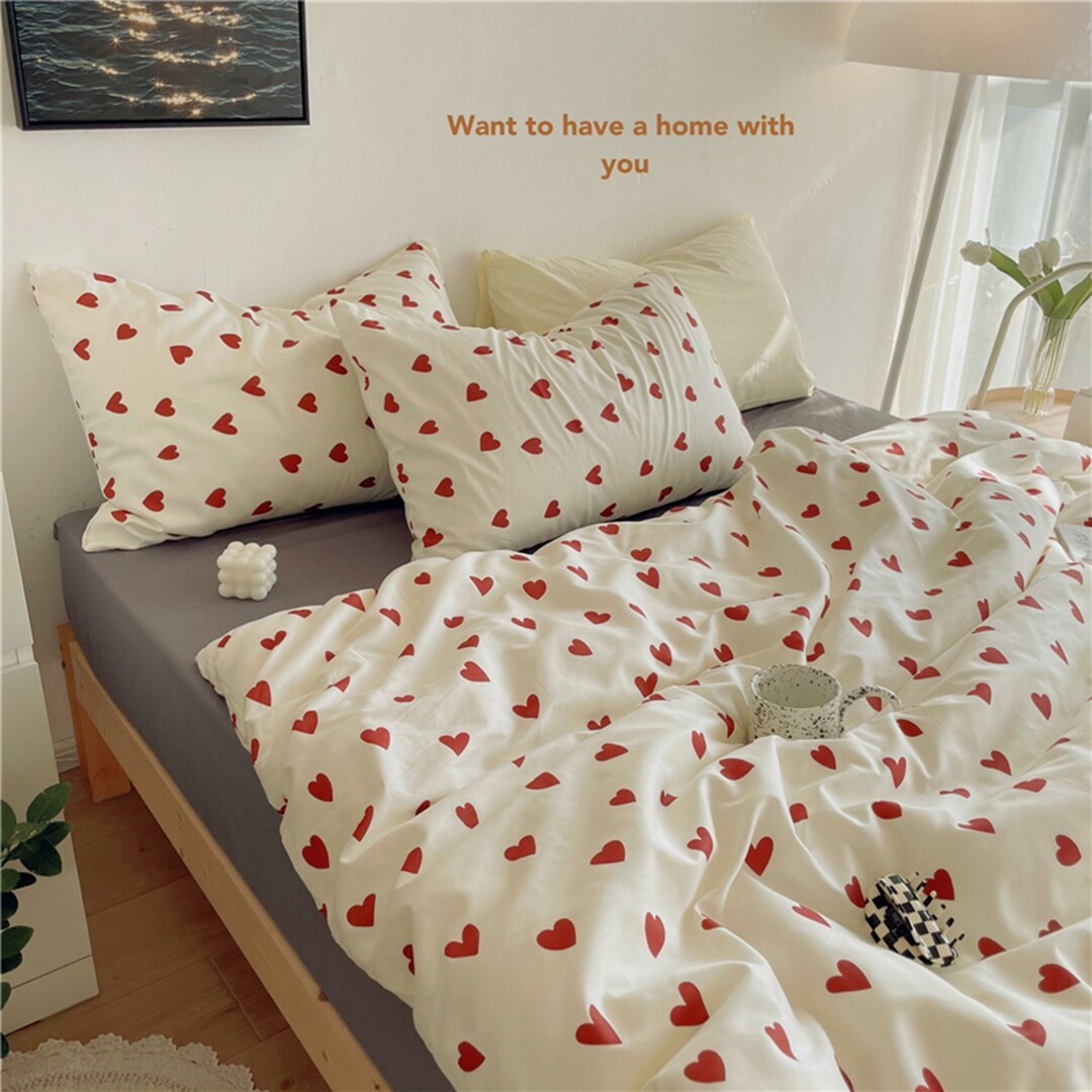 Red Heart Duvet Cover Set, Cotton Bedding Sets, Aesthetic Bedding Set