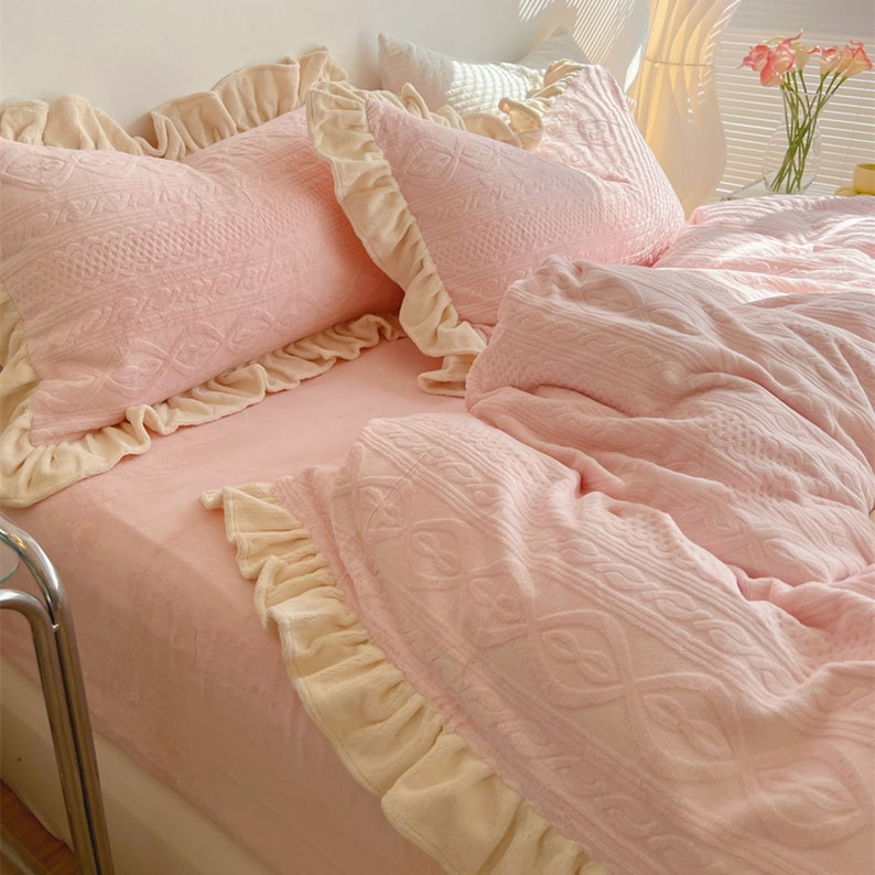 Pink Soft Velvet Duvet Cover Set Ruffled Cotton Bedding Sets Etsy