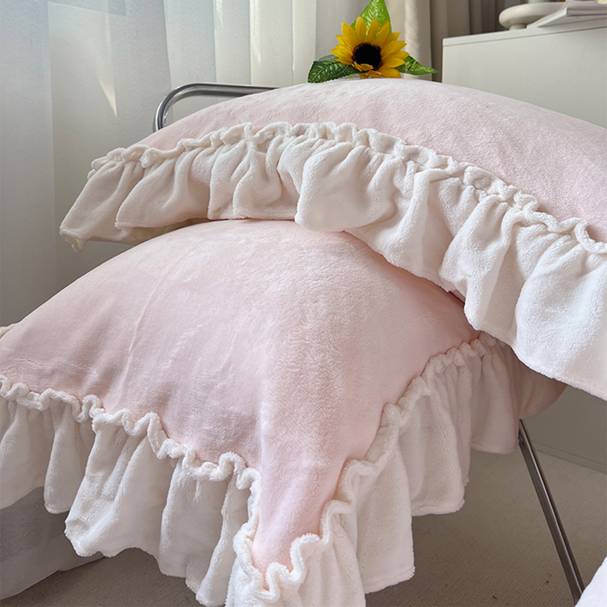 French Pink Velvet Duvet Cover, Ruffled Bedding Sets, Soft Comfortable