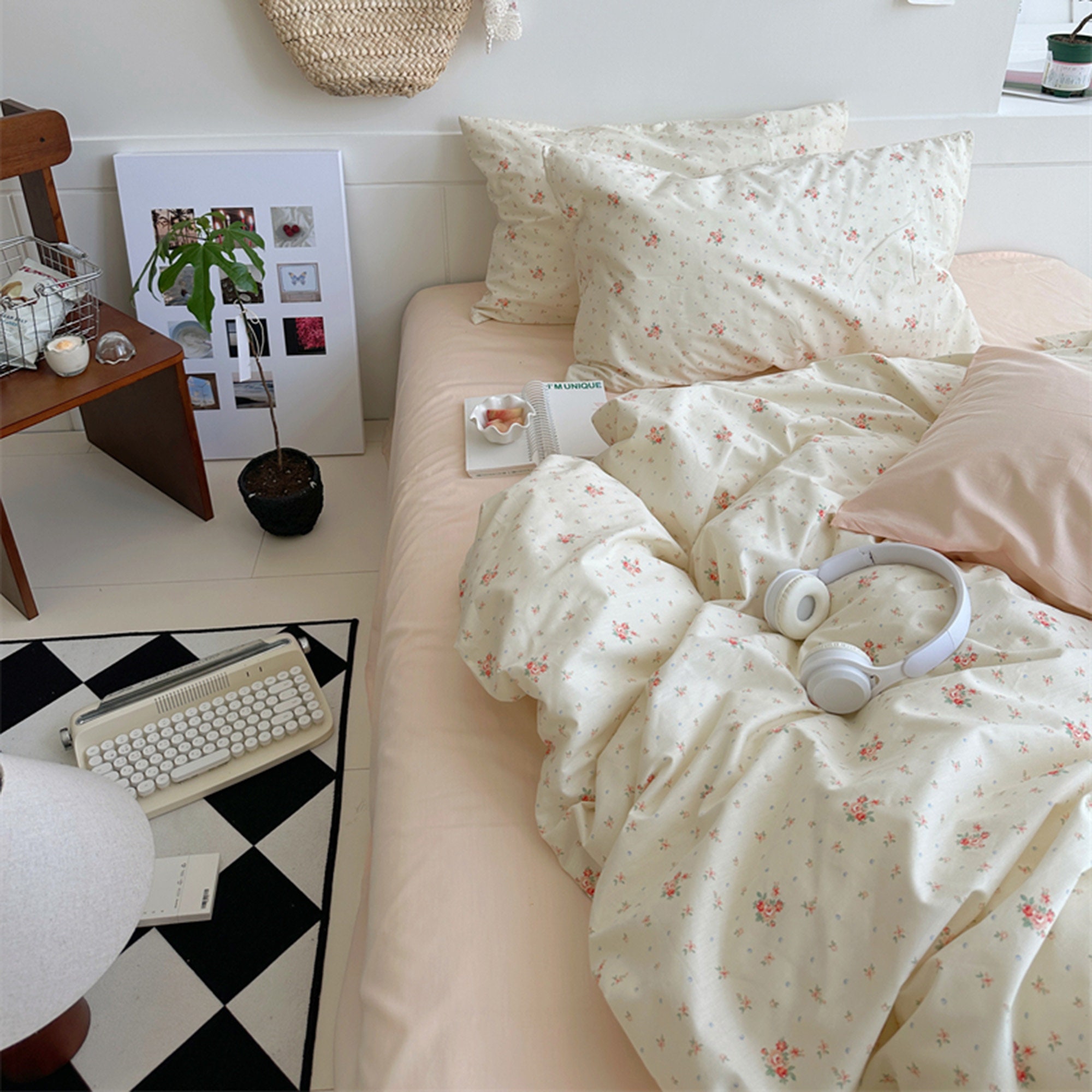 Pink Floral Duvet Cover Set Cotton Bedding Sets Aesthetic Etsy