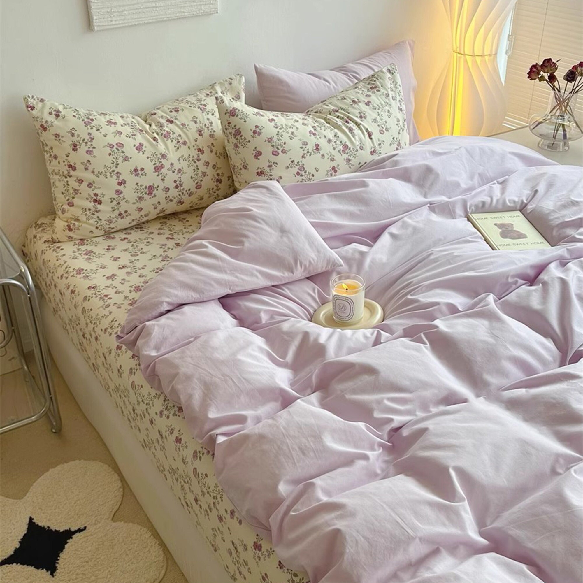 Retro Purple Floral Duvet Cover Set Cotton Bedding Sets Etsy