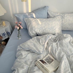 Gentle Blue Floral Duvet Cover, Cotton Bedding Sets, Aesthetic Bedding, Girlish Duvet Cover, Cottagecore Bedding, Coquette Bedding, Gifts