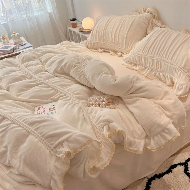 Beige Soft Velvet Duvet Cover Set Ruffled Cotton Bedding Etsy
