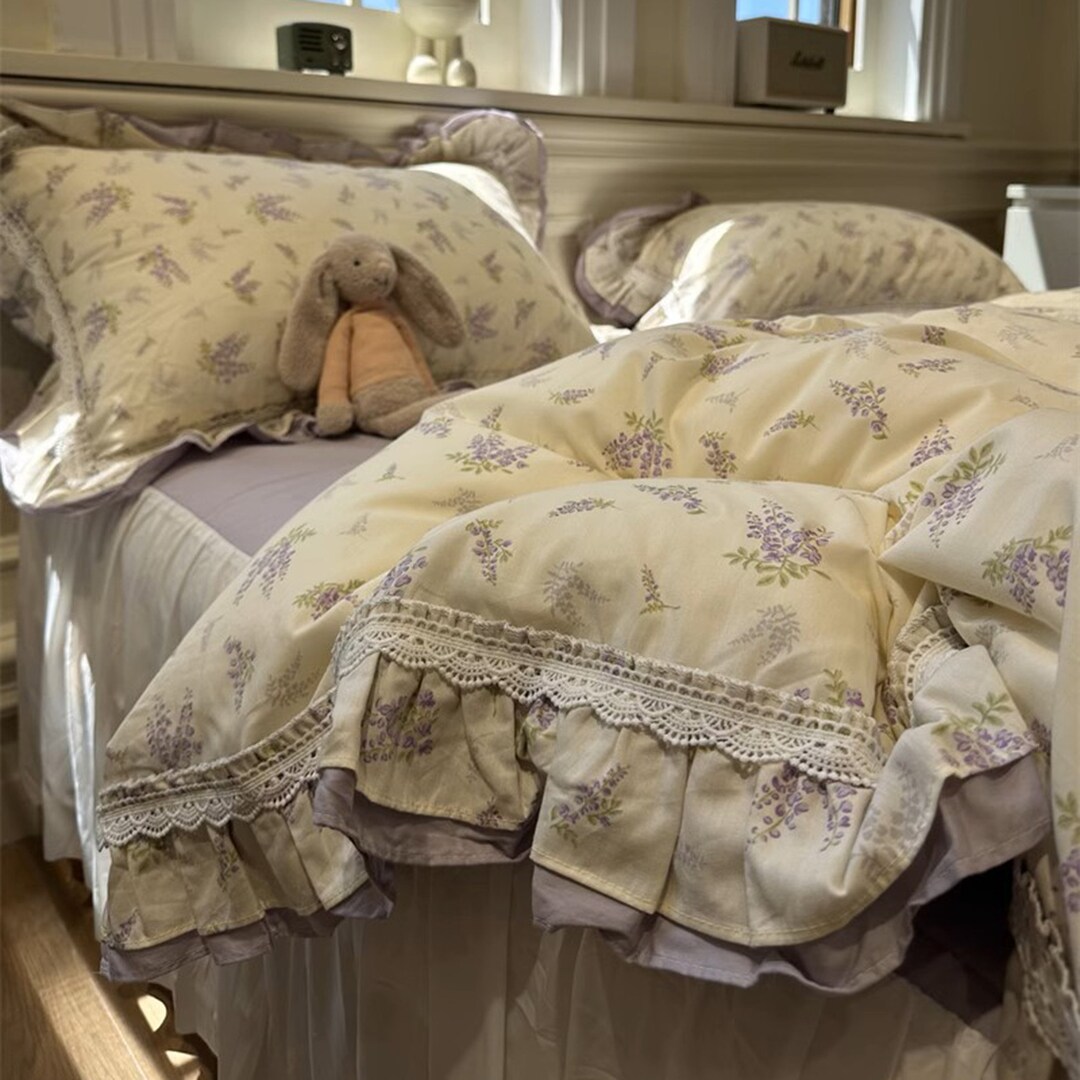 Purple Floral Duvet Cover, 100 Cotton Bedding, Ruffle Bedding, Dorm