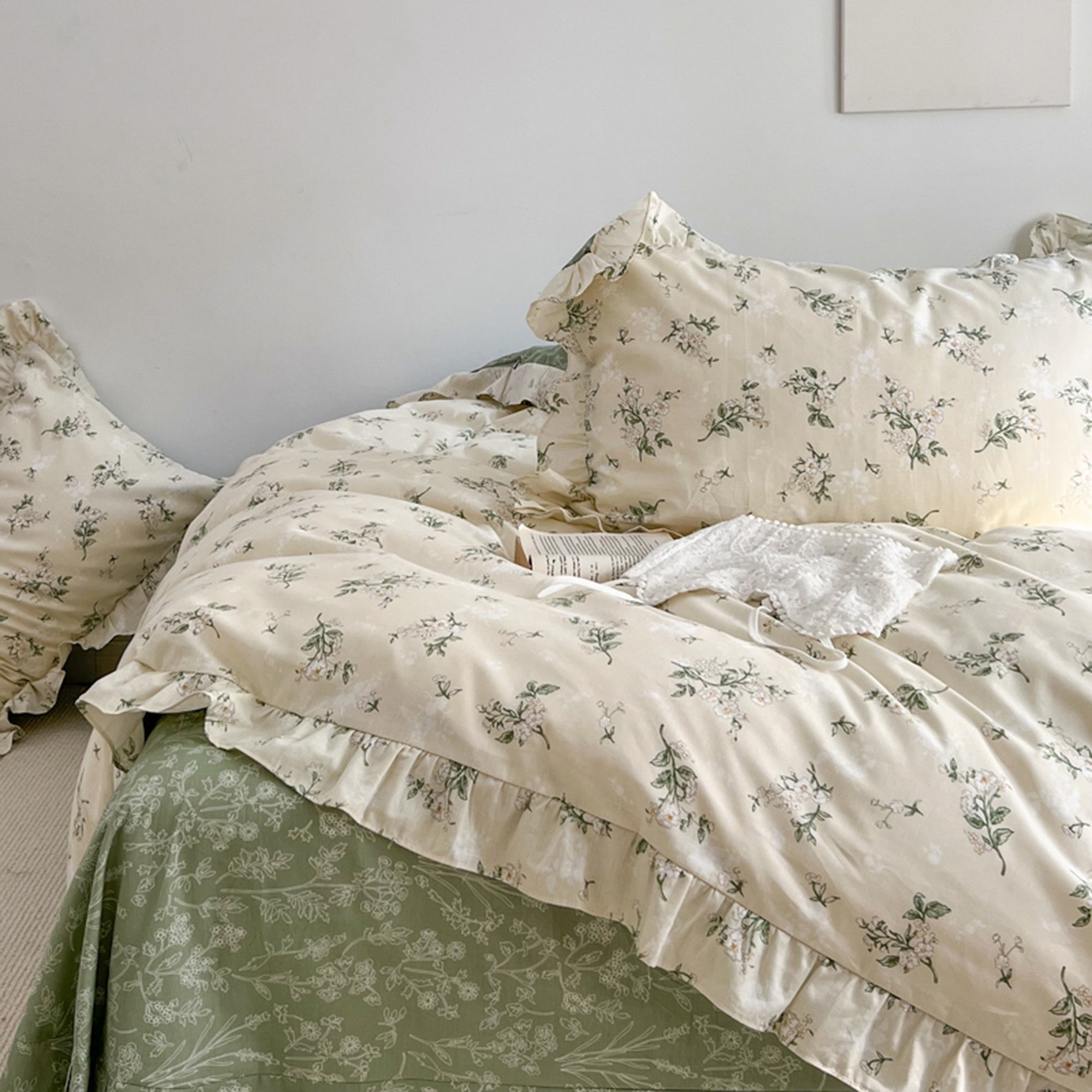 Green Floral Duvet Cover, Cotton Bedding Sets, College Dorm Duvet Cover