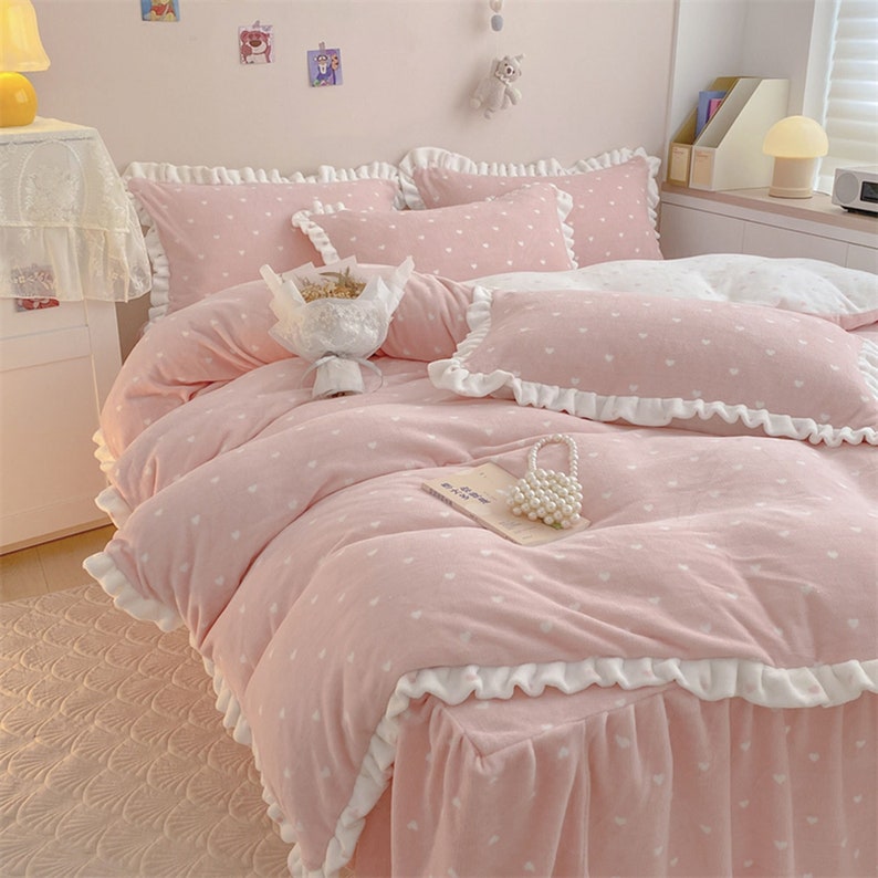 Heart Soft Velvet Duvet Cover Set Ruffled Cotton Bedding Etsy