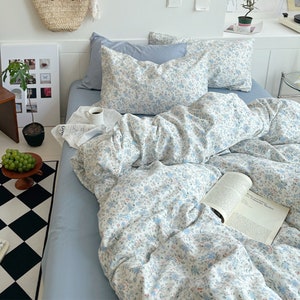 Gentle Blue Floral Bedding, Cotton Duvet Cover Set, Princess Duvet Cover, Coquette Bedding, Aesthetic Bedding, Cottagecore Bedding, Gifts