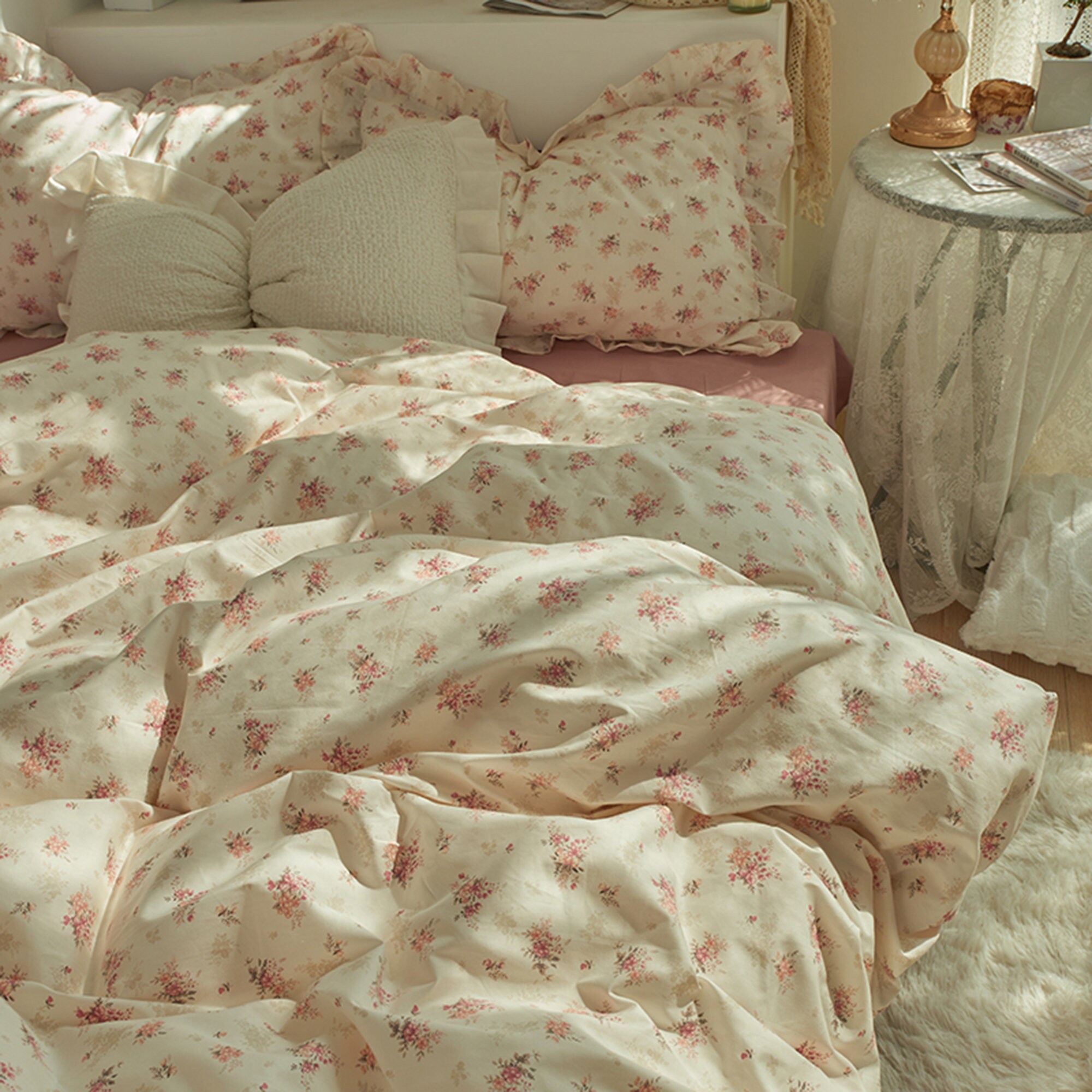 Pink Floral Ruffled Duvet Cover Set, Cotton Bedding Sets, Aesthetic
