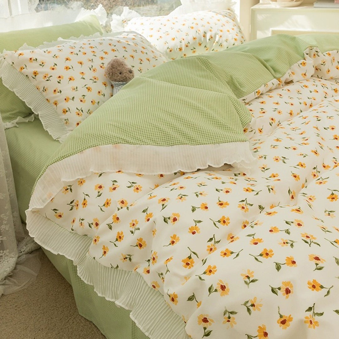 French Green Floral Bedding, Ruffled Duvet Cover, Cotton Bedding Sets