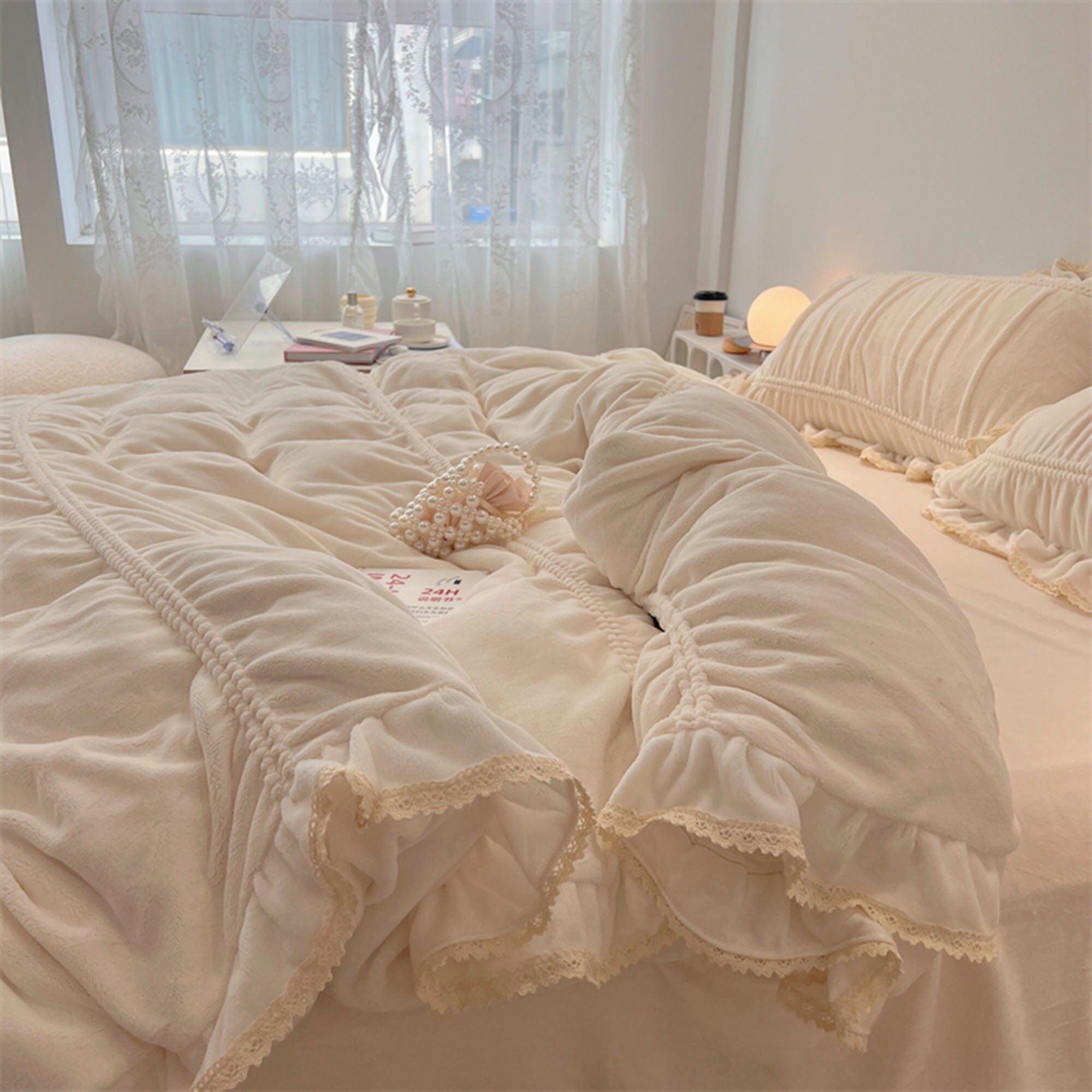 Beige Soft Velvet Duvet Cover Set Ruffled Cotton Bedding Etsy