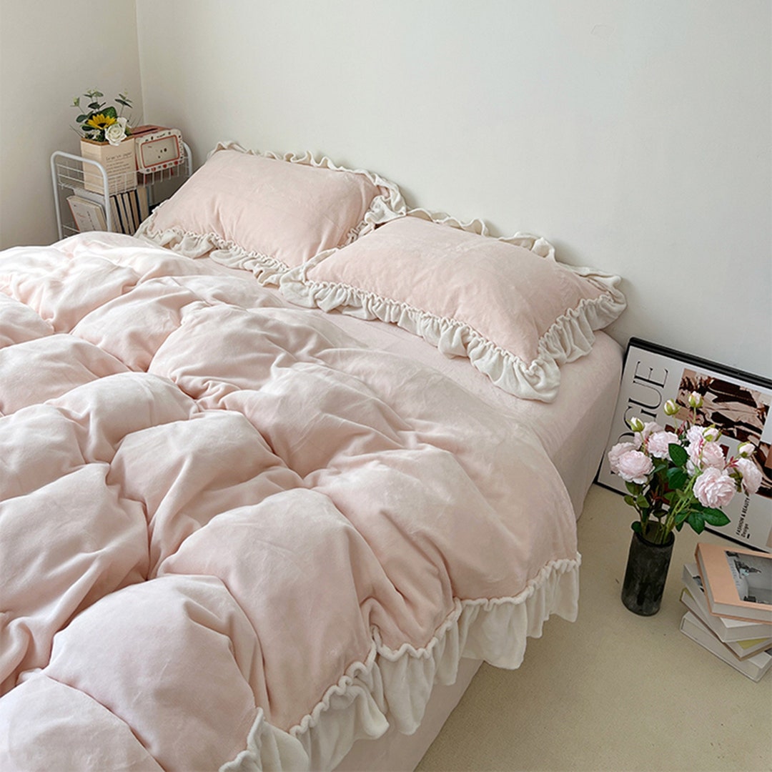 French Pink Velvet Duvet Cover, Ruffled Bedding Sets, Soft Comfortable