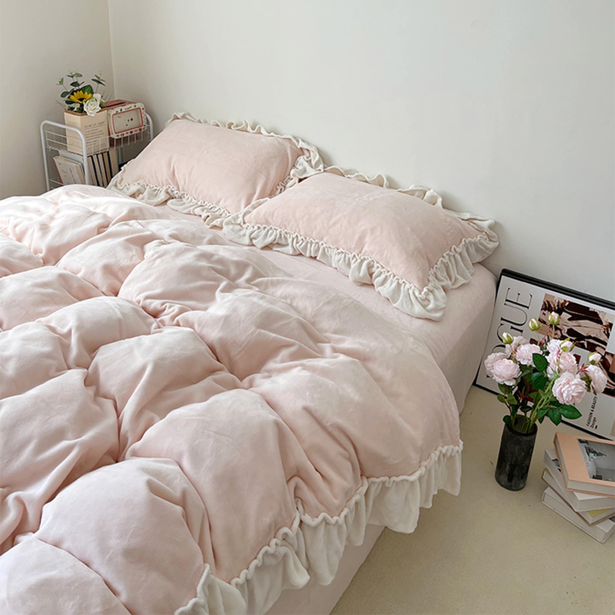 French Pink Velvet Duvet Cover, Ruffled Bedding Sets, Soft Comfortable