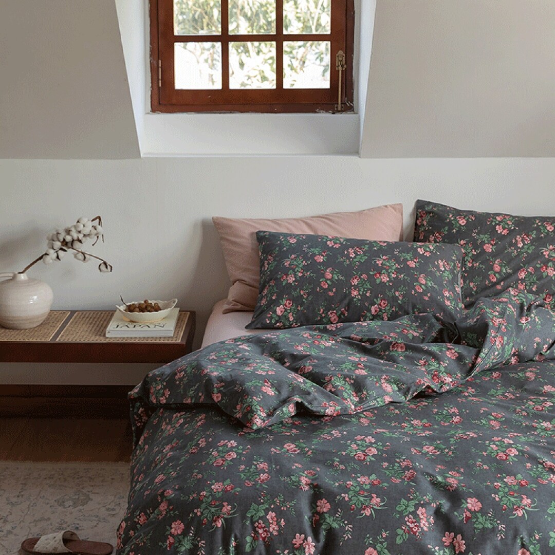 Black Floral Duvet Cover Aesthetic Bedding Set Cotton Etsy