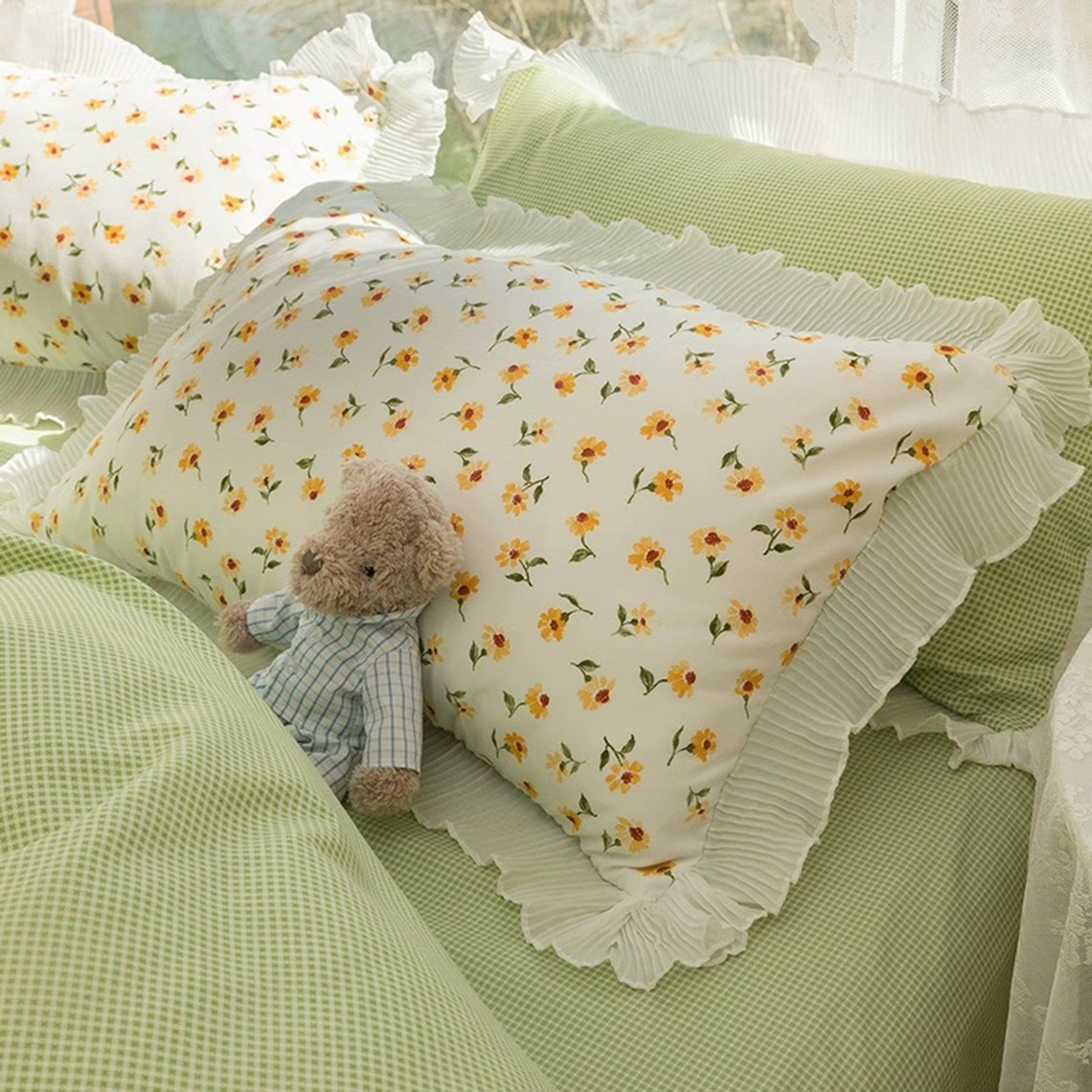 French Green Floral Bedding, Ruffled Duvet Cover, Cotton Bedding Sets