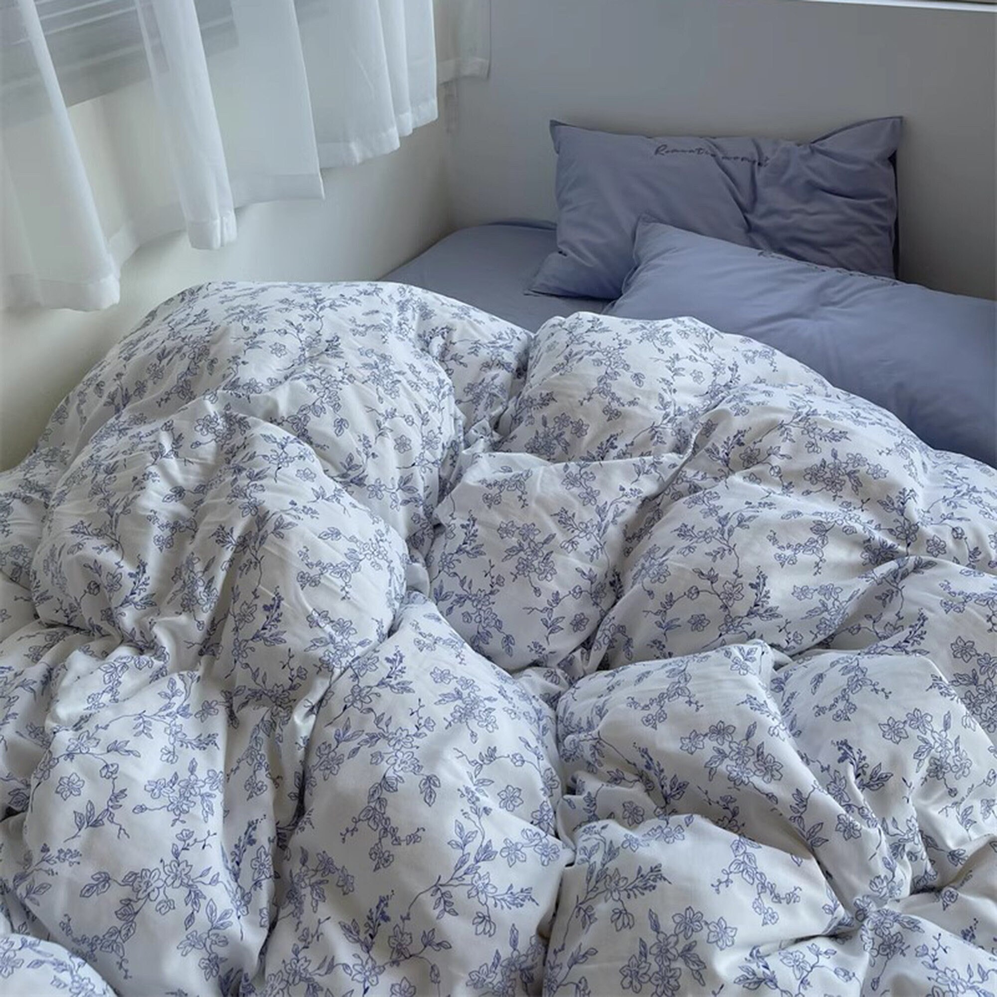 French Blue Floral Duvet Cover Set Cotton Bedding Sets Etsy