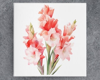 Gladiolus Canvas Wall Art, Pink Flowers Watercolor Painting, Floral Housewarming Gift, Nature Home Office Decor, Mother's Day Gift, August