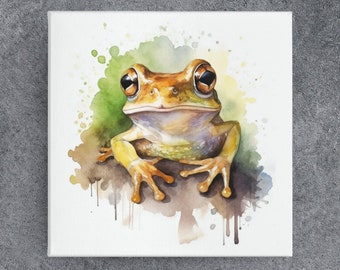 Tree Frog Canvas Wall Art, Watercolor Frog Painting, Cute Nature Print, Housewarming Gift, Home Office Decor, Frog Lover Gift, Amphibian Art