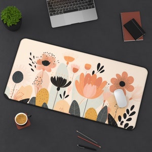 Cute Whimsy Flowers Desk Mat in Pink Orange, Boho Chic Blooms Large Gaming Mouse Pad, Aesthetic Home Office Workspace Decor, Cottagecore