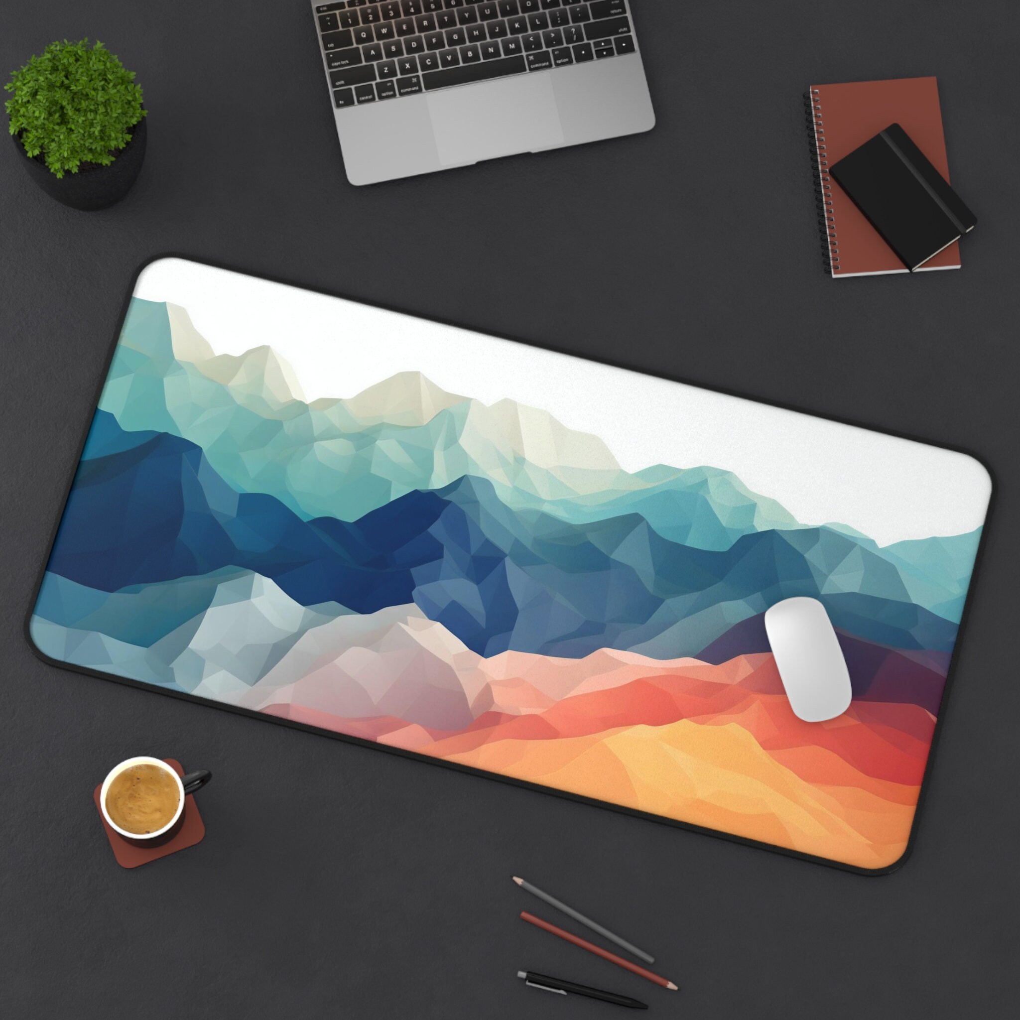 Geometric Mountains Desk Mat, Trendy Workspace, Mountain Landscape Desk Pad, Extra Large Mouse Pad, Modern Keyboard Mat, Desk Accessory