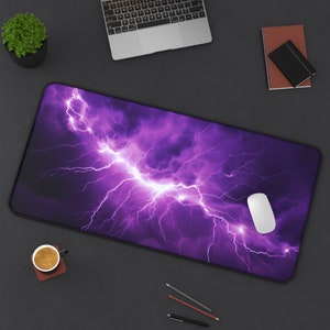Purple Lightning Desk Mat, Royal Lightning Desk Pad, Stormy Skies Keyboard Mat, Thunderstorm Mouse Pad, Unique Gift for Gamers