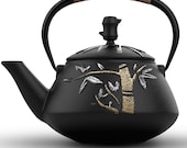 Cast Iron Tea Kettle with Stainless Steel Infuser, Unique Hand Painted Bamboo Pattern, Japanese Tea Pot, Enameled Interior, 800ML