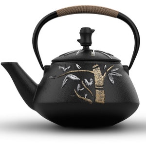 Cast Iron Tea Kettle with Stainless Steel Infuser, Unique Hand Painted Bamboo Pattern, Japanese Tea Pot, Enameled Interior, 800ML